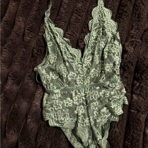 Lace V-Neck Bodysuit in Sage Green